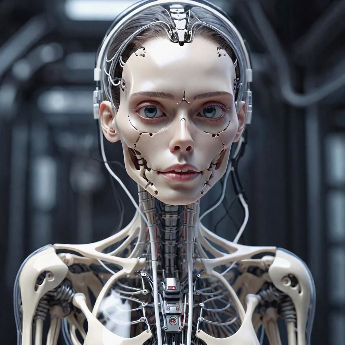 cinematic photo Hyperrealistic art Dystopian style intricate mechanical skeleton,android woman,translucent skin,cables,bea...