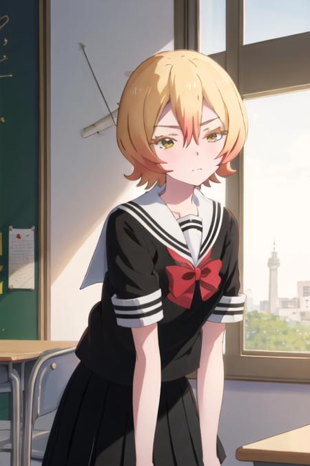 best quality, masterpiece, highres, solo, {tsuyuno_yatsumura_mahoushoujosite:1.15}, blonde_hair, short_hair, yellow_eyes, serafuku, hair_between_eyes, 1girl, black_serafuku, black_skirt, bow, bowtie, red_bow, sailor_collar, school_uniform, shirt, skirt, black_shirt, closed_mouth, looking_at_viewer, red_bowtie, short_sleeves, white_sailor_collar