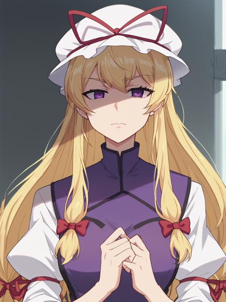 THYukari, mob cap, long blonde hair, hair ribbon, elbow gloves, purple dress, ribbon choker, white dress, purple tabard,