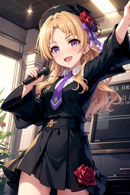 <lora:TsukasaKiryu-10:0.7> ,kiryut, 1girl, solo, long hair, looking at viewer, blush, smile, open mouth, blonde hair, long sleeves, hat, dress, holding, purple eyes, flower, :d, necktie, indoors, wide sleeves, black dress, arm up, black headwear, rose, red flower, microphone, music, holding microphone