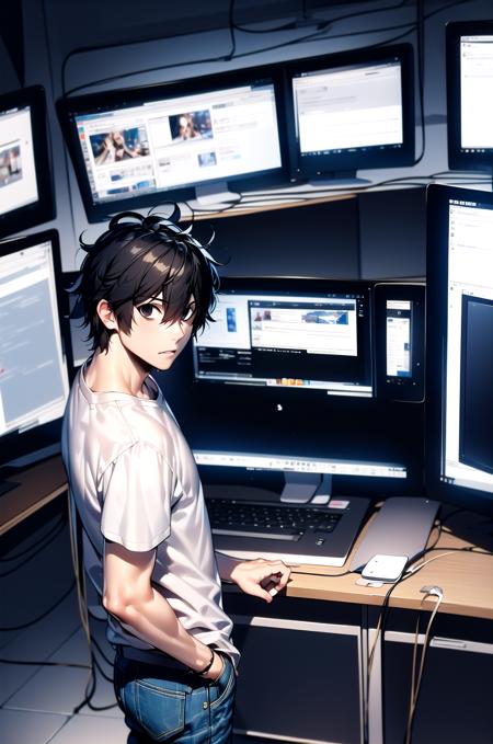 (masterpiece,best quality, detailed), 1boy, male focus, looking at viewer, cowboy shot, indoors, from side, dark, monitor, multiple monitors, standing,
l lawliet, white shirt, jeans