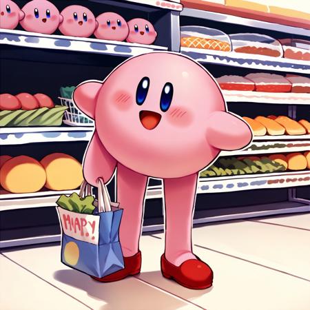 LongKirby, dark blue eyes, pink body, blush, red shoes