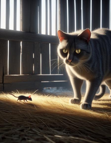 A sleek, predatory cat with glistening fur prowls silently through the shadows of a dimly lit, rustic barn. The faint moonlight seeping through the cracks in the old wooden walls highlights its sharp eyes, fixed intently on a small, terrified mouse darting across the hay-strewn floor. Render this scene in professional 3D, capturing the tension and the rustic charm of the barn setting. <lora:Dall-e_3_0.2>