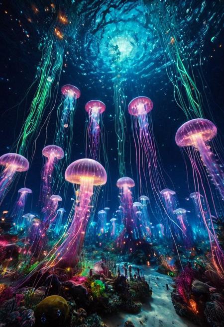 masterpiece, best quality, ultra-detailed, vivid lighting, wide-angle underwater shot. A vast, dreamlike marine world glowing with vibrant, bioluminescent light. The ocean floor is teeming with life — coral towers and waving sea anemones in radiant purples, pinks, blues, and greens, each pulsing softly like underwater lanterns. Enormous jellyfish drift slowly through the water, their translucent bodies trailing long luminous tendrils. Schools of small fish swim in coordinated patterns, their scales reflecting the colored light like polished glass. Gigantic deep-sea creatures hover silently in the distance, casting shimmering shadows over the reef. The bioluminescent sources — fish, flora, and mysterious deep-sea entities — are the only illumination, painting the scene with brilliant, surreal hues. The water is crystal clear, filled with glowing particles in constant motion, giving the impression of drifting stardust. Mood: awe-inspiring, enchanted, full of movement and life.