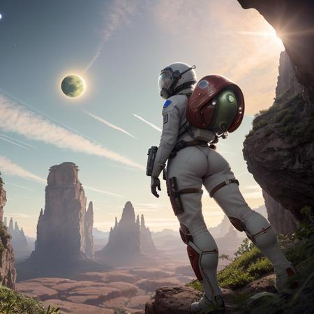 Highly detailed RAW color Photo, Rear Angle, Full Body, of (female space marine, wearing white and red space suit, futuristic helmet, tined face shield, rebreather, accentuated booty), outdoors, (leaning over rocky Rim, looking out at advanced alien structure), on exotic alien planet, toned body, big butt, (sci-fi), (mountains:1.1), (lush green vegetation), (two moons in sky:0.8), (highly detailed, hyperdetailed, intricate), (lens flare:0.7), (bloom:0.7), particle effects, raytracing, cinematic lighting, shallow depth of field, photographed on a Sony a9 II, 24mm wide angle lens, sharp focus, cinematic film still from Gravity 2013