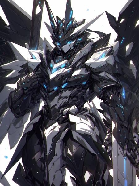 nijimecha,no humans,solo,weapon,sword,blue eyes,looking at viewer,science fiction,glowing,holding sword,holding,holding weapon,standing,wings,v-fin,glowing eyes,clenched hands,clenched hand,black background,mechanical wings,looking down,super robot,katana,mobile suit,straight-on,armor,grey background,full body,sheath,white background,light particles,Best quality,masterpiece,4k,8k,highly detailed,detailed face,realistic proportions,sharp focus,<lora:nijimecha:1>,(nijimecha),