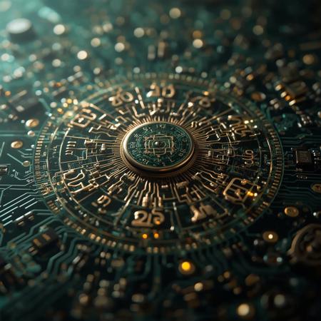 An ancient Greek Antikythera Mechanism reimagined as a futuristic circuit board. Translucent green PCB layers replace the bronze gears; delicate copper traces snake around miniature surface-mount chips and glowing LED indicators that form zodiac symbols. Hyper-realistic macro close-up, ultra-detailed, intricate fusion of mechanical and electronic elements, dramatic ambient lighting, shallow depth of field, 8K resolution, cinematic composition.