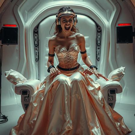 A slender, arrogant bride, dressed in a luxurious, rich fantasy satin wedding gown with a fitted, boned corset and a full, flared skirt, paired with satin high heels, struggles to break free from her restraints, her face contorted in a scream of desperation. The brainwashing headband, is secured to her temples, connected to a  futuristic superconputer rack. Her hands and ankles are bound to a biomechanical white chair, adorned with wet-look glossy pearl pillows, by massive steel restraints, accentuating her ultra-thin waist. she is drugged from standing drop counter with weird medicine. The scene is set in a sterile, empty chamber, with a glossy mother-of-pearl finish, evoking a sense of futuristic dread. Inspired by the cinematic styles of Ridley Scott, Guillermo del Toro, and H.R. Giger, with a blend of sci-fi and horror elements, this full-body portrait is a masterpiece of cinematic storytelling, shot on a virtual v-raptor XL camera, with a warm, film-grained aesthetic, subtle vignette, and rich color grading, reminiscent of 35mm film, with dramatic, atmospheric lighting, inviting the viewer to immerse themselves in this epic, stunning scene.