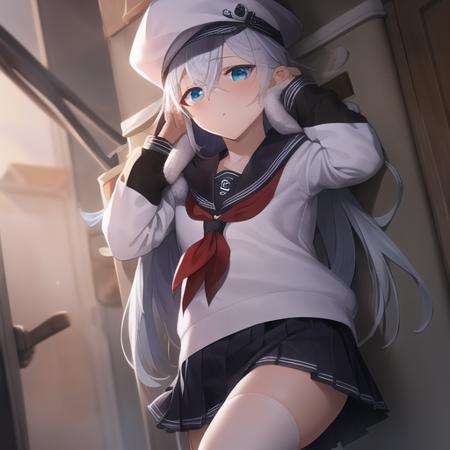 (masterpiece, best quality1.2),illustration,8k,hd,1girls,solo,long_hair,blue_eyes,white_serafuku,hair_between_eyes,hat,white_hair,anchor_symbol,black_headwear,black_sailor_collar,black_skirt,flat_cap,long_sleeves,neckerchief,pleated_skirt,red_neckerchief,school_uniform,black_thighhighs,<lora:Hibiki>,