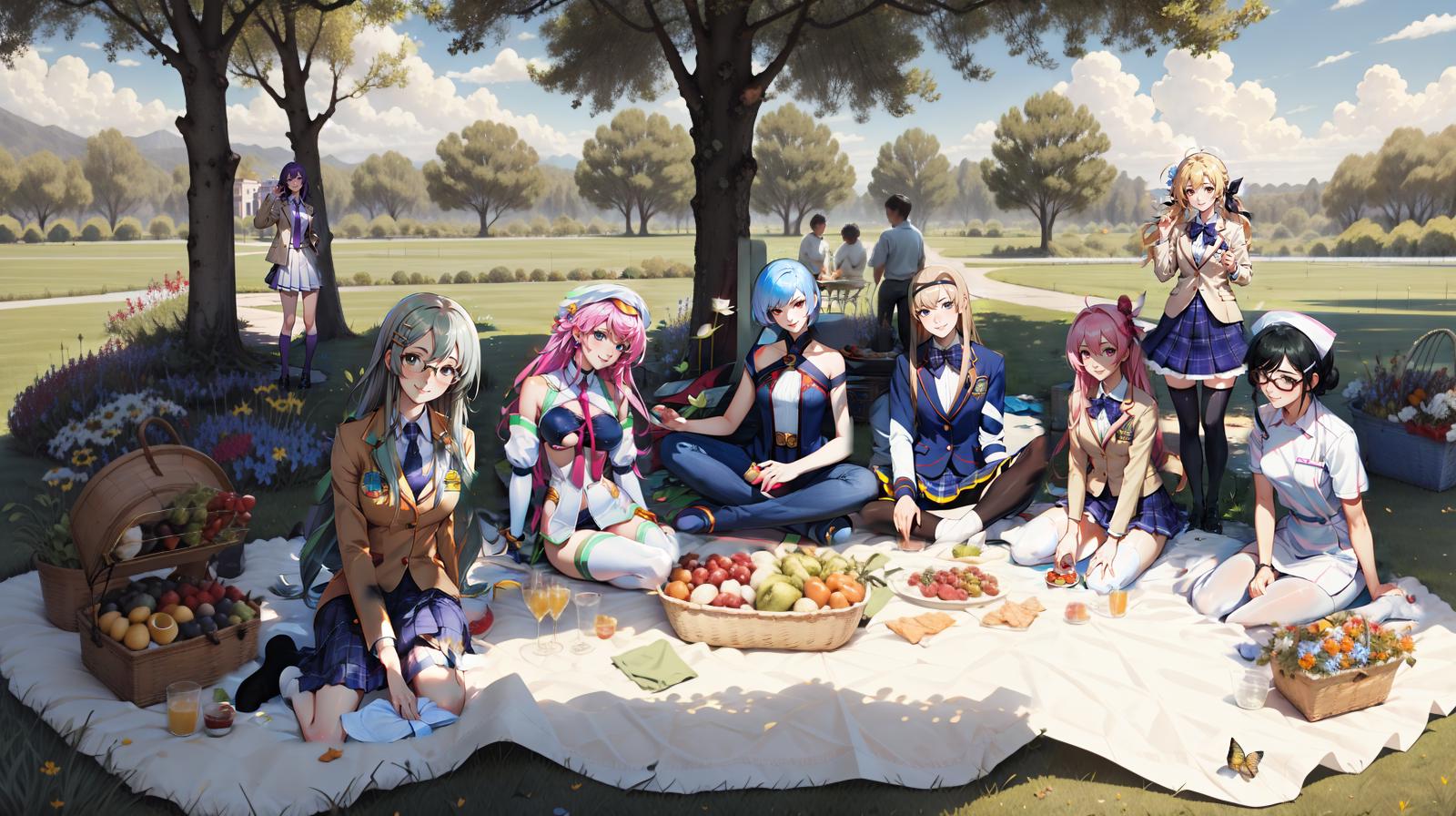 A group of anime characters sitting on a blanket in a park, eating fruit and enjoying each other's company.
