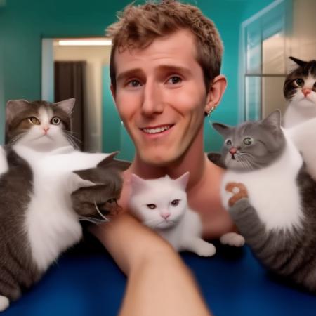 portrait of linus sebastian person surrounded by horde of cats