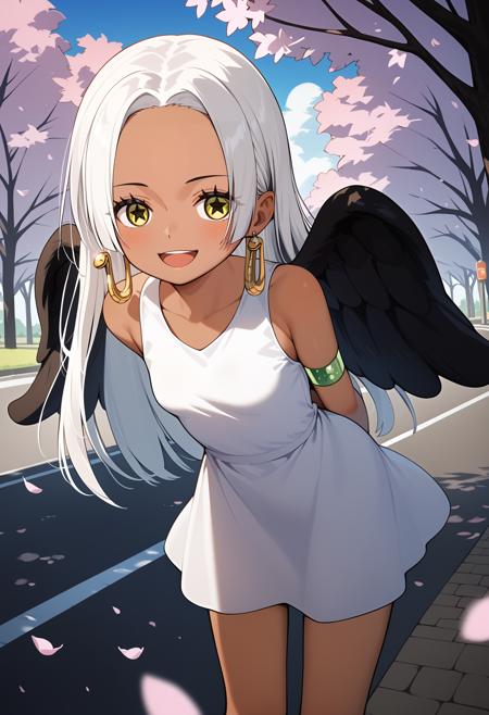 aasnake, long hair, white hair, dark skin, earrings, yellow eyes, symbol-shaped pupils, black wings, small breasts. sundress, white dress, sleeveless, armlet