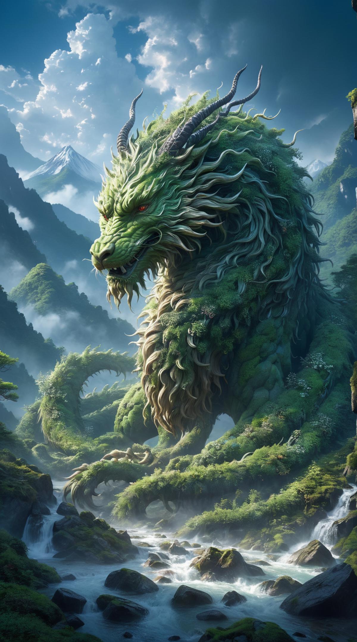 A green dragon with long hair and red eyes is sitting on top of a mountain, surrounded by lush greenery.