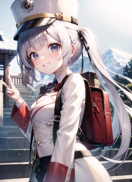 <lyco:cherino1-000008:1.0>, cherinodef, upper body, smile, blush, outdoors, day, simple background, blue sky, sky, temple, looking at viewer, stairs, mountain, moody lighting, facing viewer,