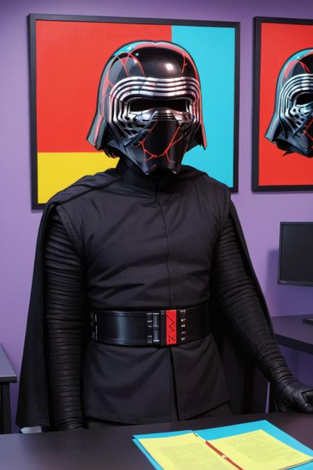 pop Art style <lora:Kylo_Ren_XL:0.8> kylo ren, helmet, at study room, medium shot, (grin) . bright colors, bold outlines, popular culture themes, ironic or kitsch