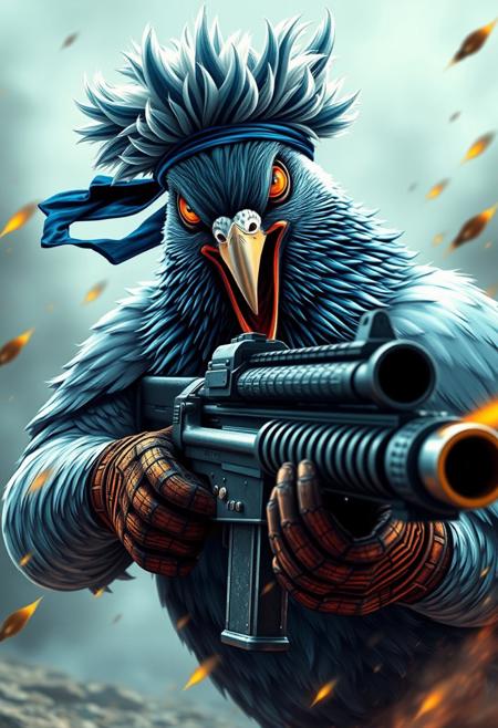 A hyper-stylistic, extremely detailed image depicts a pigeon in the style of a Contra warrior, clad in the iconic blue headband and outfit. The pigeon's feathers are ruffled, and its eyes blaze with a fierce, warlike intensity. It grasps a heavy machine gun, its yellow barrel flash illuminating the surrounding air as it fires wildly. The pigeon's facial expression is a fierce, battle-hardened scream, conveying a sense of unyielding determination and a 1 vs 1000 mentality. Every detail of the image is meticulously crafted, from the intricate, textured patterns of the pigeon's feathers to the metallic sheen of the machine gun. The overall effect is one of intense, action-packed energy, as if the viewer has stumbled upon a heroic, avian warrior in the midst of a desperate battle. highest-Quality, intricate details, visually stunning, Masterpiece