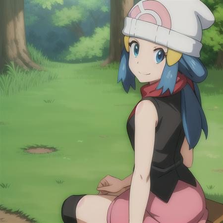 <lora:character_pokemon_dawn_v1:0.5> forest, 1girl, character_pokemon_dawn, solo, sitting, on bench, hands on lap, from behind, from above, looking back, looking at viewer, smile, beanie, hairclip, sleeveless shirt, skirt, kneehighs, scarf