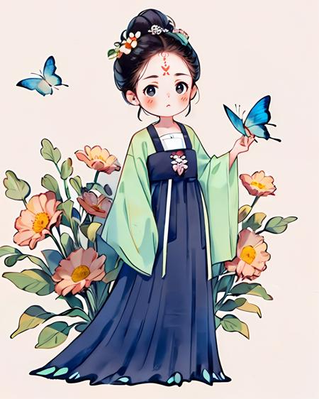 1girl, solo, looking at viewer, blush, simple background, black hair, hair ornament, long sleeves, white background, holding, standing, full body, flower, hair flower, hair bun, black eyes, facial mark,  butterfly,  <lora:gufeng_v1:0.7>