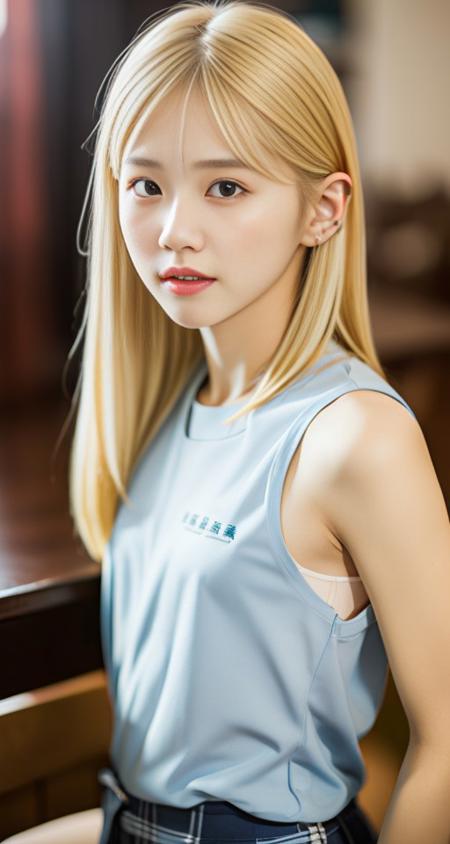 (best quality), (masterpiece), (1girl), solo, chinese girl, <lora:rio_igawa2:0.85>, 20yo, 8k protrait photo, 3/4 shot, depth of field, student uniform, (indoors), blonde hair, ultra-detailed, bare shoulders,  good anatomy, beautiful detailed eyes, photography, bokeh, small breast