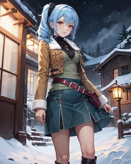 best quality, (masterpiece:1.2), illustration, absurdres,
(1girl), (solo), (beautiful detailed girl),  from below,
<lora:ClaireCasual-08:0.8>, blue hair, side ponytail, scrunchie, red eyes, medium breasts,
brown jacket, fur trim, green top, black collar, green skirt, belt, grey boots,
looking at viewer, gentle smile,
winter, snowfall, snowy mountains, snow, snowy pine trees, freezing weather, frost, chill, wind, windy, winter , night, nighttime, starry sky, wooden fence, distant village, distant lights, lantern,