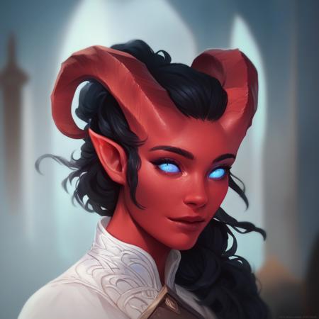 Tiefling, pointed ears, horns, colored sclera tail