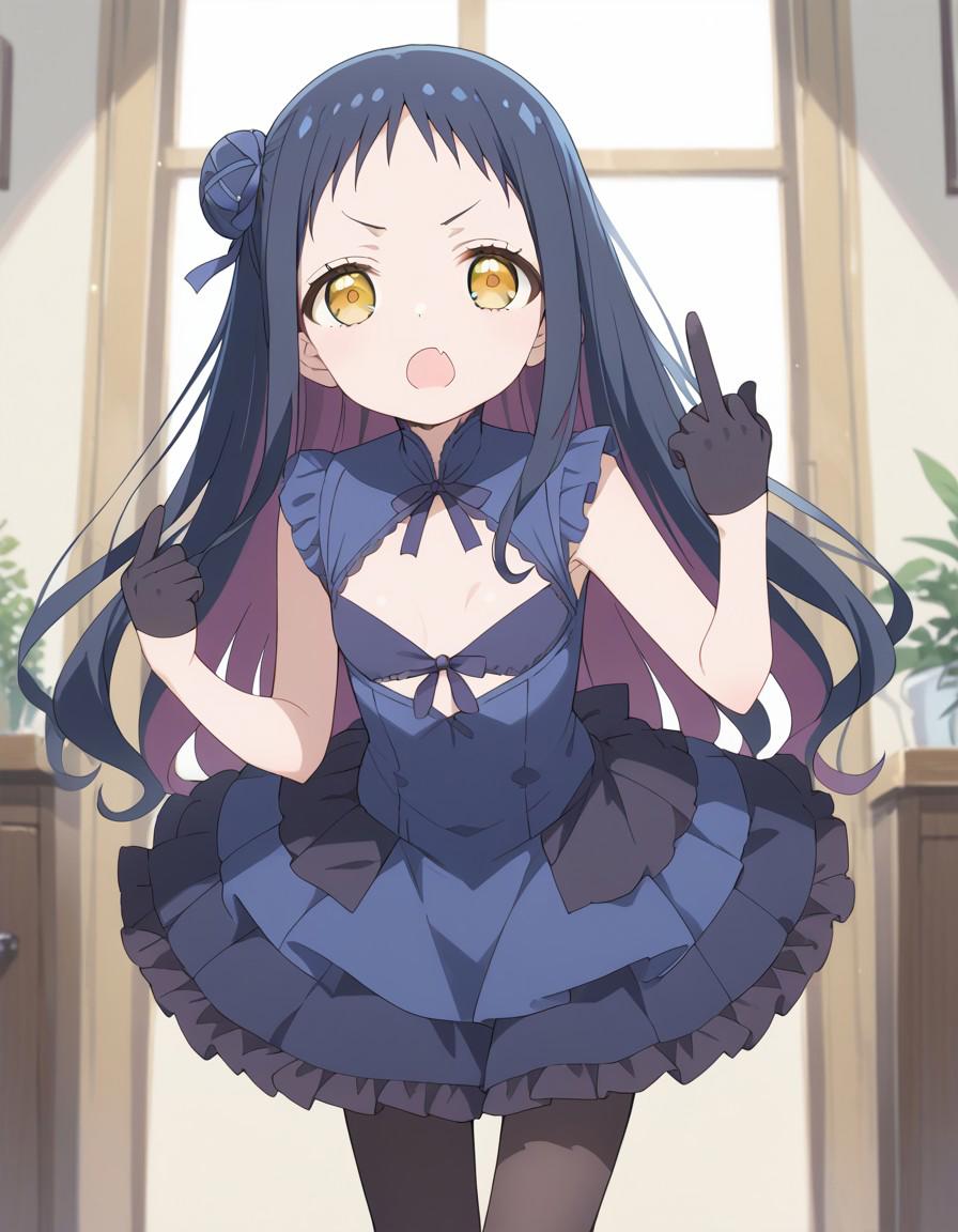 score_9, score_8_up, score_7_up, source_anime, perfect face, dynamic pose, 1girl, flat chest, tiny tits, hibana kagari, long hair, black hair, blue hair, yellow eyes, hair bun, gloves, dress, smooth flat chest, pantyhose, black gloves, blue dress, skirt, frilled skirt, small breasts, looking at viewer, open mouth, fang, middle finger, one hand up, leaning forward, frown,
Indoors,
Perfect eyes, absurdres, zPDXL2, intricate detail,