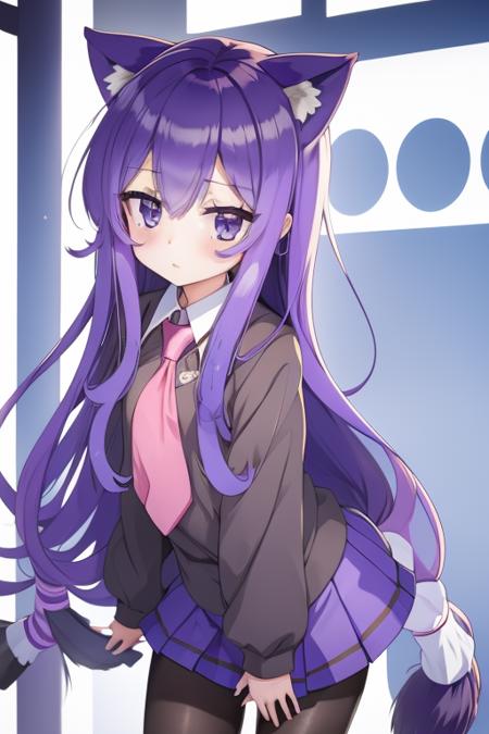 masterpiece,high quality,tsumikiminiwa01, 1girl, solo, long_hair, blue_eyes, very_long_hair, school_uniform, purple_hair, ahoge, pantyhose, pleated_skirt, cat_ears,black_pantyhose, low-tied_long_hair,  <lora:0_TsumMina_00_02:1>