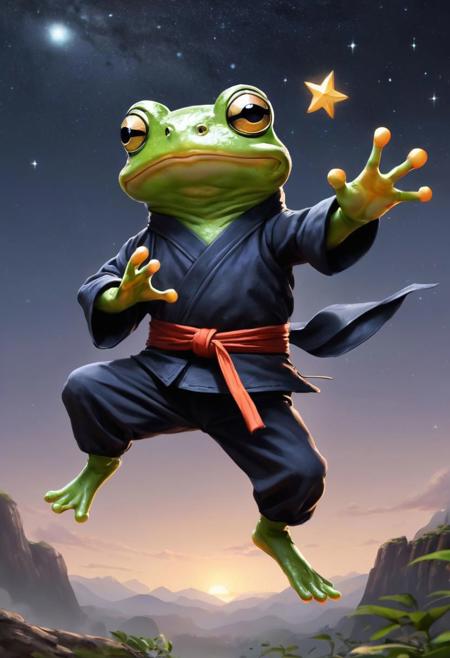 frog the ninja doing Kung Fu, while catching the stars