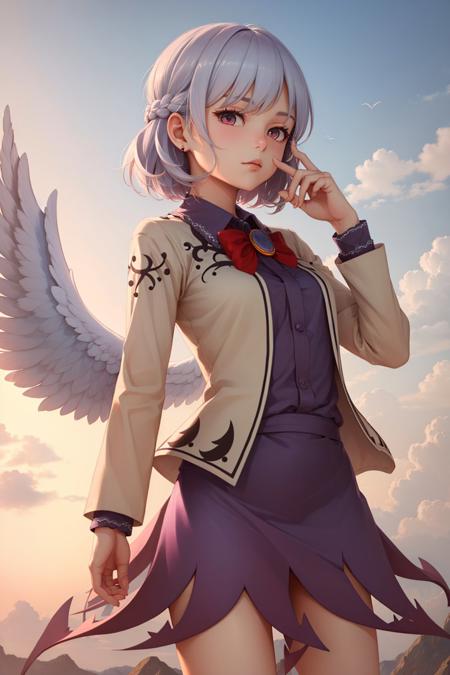 kishin sagume braid jacket long sleeves purple dress bowtie jewelry brooch single wing feathered wings