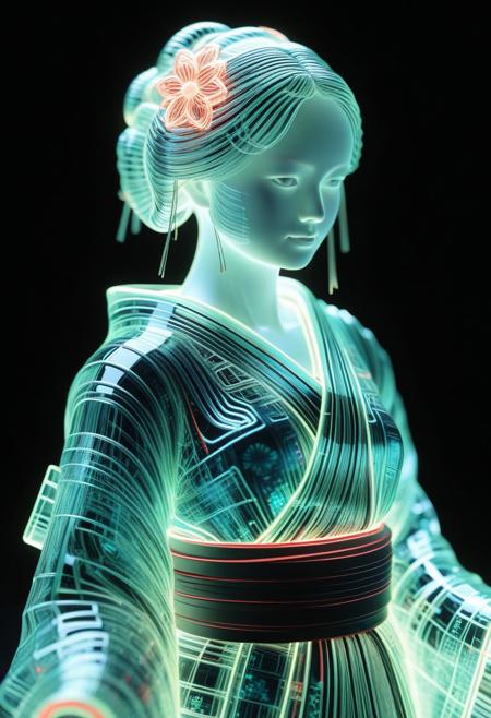 <lora:World_of_Glass_Filament:0.6> made of, tiny neon (glass:1.1) filaments, w0gf1l, Android, geisha, with robotic parts, in flowery kimono, Intricate details, 8 k, cinematic <lora:sss:0.8> subsurface scattering, sss <lora:envyStarlight_v10:0.8>