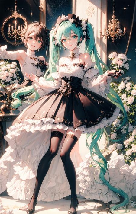 1girl, aqua_eyes, aqua_hair, bangs, bare_shoulders, beamed_eighth_notes, black_bow, black_footwear, black_neckwear, black_ribbon, black_skirt, blue_hair, bow, chair, closed_mouth, constellation, couch, dress, earrings, elbow_gloves, fireworks, flower, frills, full_body, galaxy, gloves, green_eyes, green_hair, hair_between_eyes, hat, hatsune_miku, high_heels, jewelry, light_particles, long_hair, long_sleeves, looking_at_viewer, neck_ribbon, night, night_sky, pink_rose, red_flower, red_rose, ribbon, rose, shooting_star, sitting, skirt, smile, snowing, solo, space, sparkle, sparkle_background, spotlight, star_\(sky\), starry_background, starry_sky, starry_sky_print, thighhighs, twintails, very_long_hair, white_dress, white_gloves, white_headwear, white_legwear, white_rose  <lora:style_Rella:1>