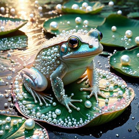 (fantasy frog perched on luminous lily pad), Pearlum, iridescent skin, pearl bubbles rising, gentle glow from beneath, dreamy swamp ambiance, close-up macro fantasy, serene and magical