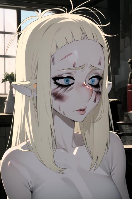 masterpiece, best quality, 1girl, bakaradrunk, bags under eyes, blush,  messy hair, runny makeup, nude, pointy ears, blue eyes <lora:BakaraJurgen:1>