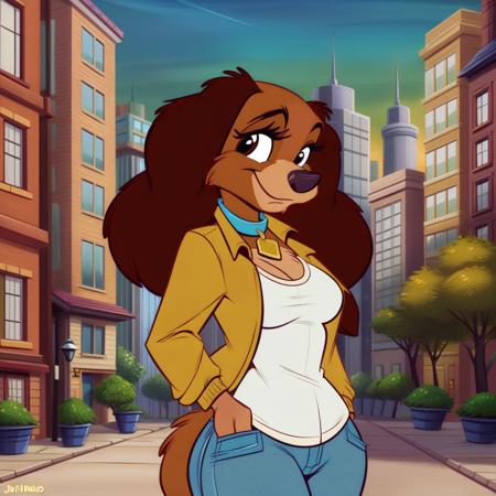 masterpiece, best quality, detailed, cocker spaniel, detailed eyes, perfect eyes, cocker spaniel, solo, smile, standing, outdoors, city, buildings, jeans, white shirt, jacket, open shirt,  looking at viewer, collar,  lady \(ladyandthetramp\), dog ear, animal nose, dog,  furry, furry female, anthro, anthropomorphic, standing, uploaded on e621), (((by joelasko, by pepamintop, by jinu))), medium breasts, 
 <lora:Ladyv1.1:1>, body fur, closed mouth, perfect anatomy, brown eyes,