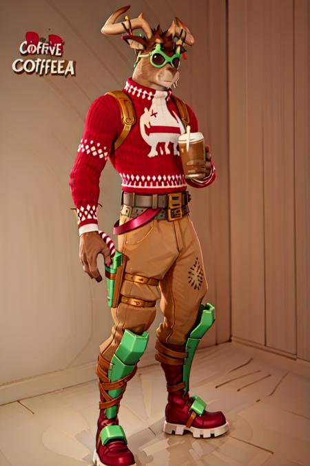 <lora:Fortnite_Dolph:0.5>, Fortnite_Dolph, Fortnite_Dolph, Novelty Glasses, Christmas Sweater, Belt, Christmas Stocking, Christmas Lights, Candycane, Pistol Holster, Christmas Ball Ornament, Khaki Pants, Shin Guards, Boots, volumetric lighting, (((drinking coffee))), cgi, 3d, octane render, clouds, ambient occlusion