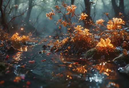 A moonlit forest, new england stream bathed in an ethereal glow, where ancient, gnarled trees twist into fantastical shapes, bioluminescent flowers illuminate the banks of the stream, while a stack flowers sprout from the shadows. Frogs and other night creatures abound.