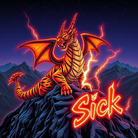 A tiger-striped dragon sitting on a mountain-top. Orange and black stripes.  Two horns.  Dragon Wings. Roaring.  Breathing fire.
Background mountains at night. Cosmic skyscape.  Synthwave colorscheme. Very realistic, fantasy illustration.
with the phrase "Sick" emblazoned in 3D, intricate, lightning patterns, with a predominantly neon colors,