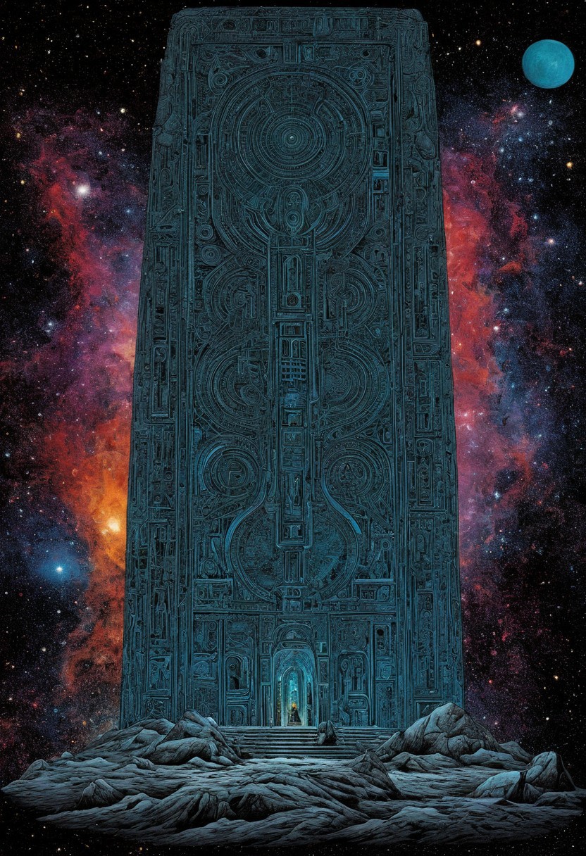 The depiction of the unimaginable inevitable endless cosmic horror coming from the deadly void of space in the form of the giant irritating ethereal undescribable ancient monolith, high quality, detailed, intricate details, masterpiece, by richard lindner