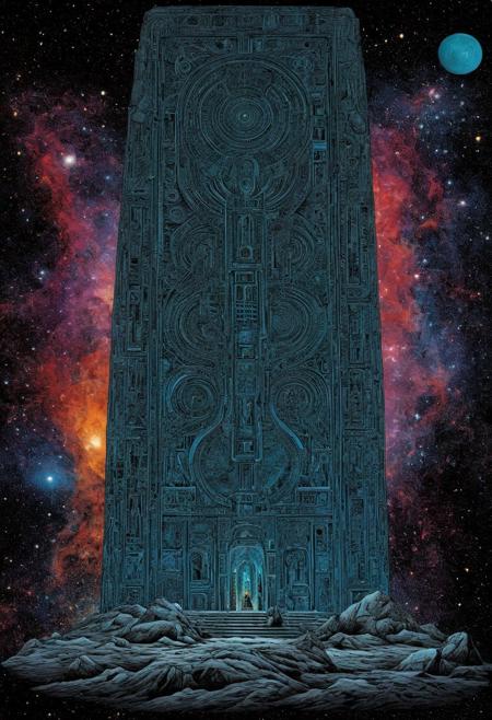 The depiction of the unimaginable inevitable endless cosmic horror coming from the deadly void of space in the form of the giant irritating ethereal undescribable ancient monolith, high quality, detailed, intricate details, masterpiece, by richard lindner