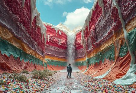 man walking at the bottom of the multi color cake valley. The valley is made from cake and melting cream. walking between towering, huge cake and huge topping cream. canyon of giant layered cake. bush of shiny candies. chip gravel spread along the path. waterfall flow from a pouring giant bottle.