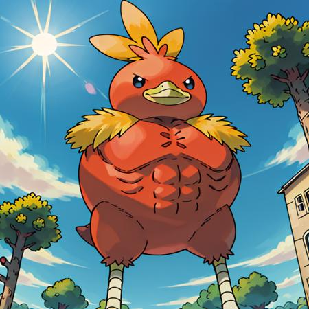 sugimori ken \(style\), swole torchic, no_humans, big bird, full body, pokemon, solo,  (armless, asb, large pectorals:1.2), (high quality, masterpiece:1.1), solo, creature, long legs, nature, grass, sun, sky, cloud
<lora:pokemon_v3_offset:1>  <lora:torchic-09:1>