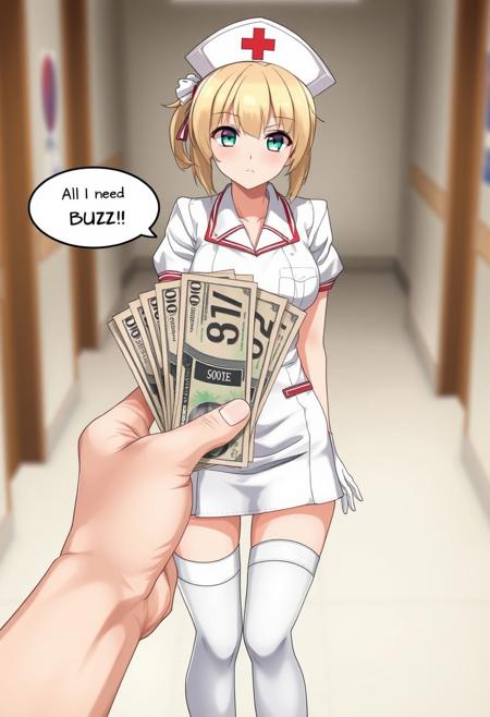 score_9,score_8_up,curvy,expressive,good_hands,<lora:Expressive_H:1>,Expressiveh,depth of field, beautiful, realistic anime style, 
No watermark, No signature, No logo
No pubic hair, No censored, No Deformed body parts, No logo, No Incomplete body parts,
1 Japanese girl, 23 year old, beautiful face, nurse, mini skirts, white_pantyhose, leg_garter, white gloves, nurse_cap, white clothes, red cross mark, 
slender and dynamic nice body, erotic clothes, blonde hair, jade green eyes, angry
girl's speech bubble: "All I need is BUZZ!"
"A realistic depiction of a nurse in a white uniform and cap with a red cross, standing in a clinical setting. In the foreground, a hand offers a stack of currency, creating a contrast between medical professionalism and monetary implication. The scene is well-lit with a neutral background."