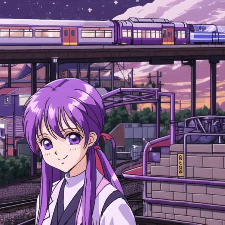 <lora:Furiava_Haakdith:1>,  a train station with a train on the tracks at night time, with a train on the platform and a train on the tracks, 1girl, gloves, goggles, gym leader, highres, long hair, ponytail, purple hair, smile, unitard, violet eyes, white background