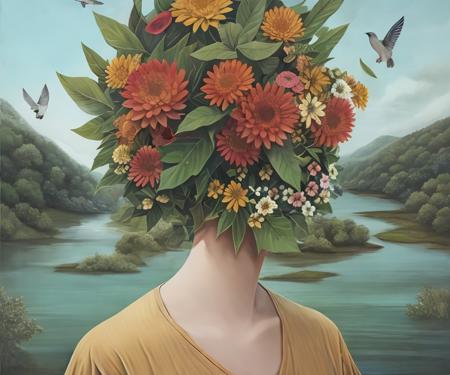 (masterpiece, illustration, high quality), (((a painting of a woman with flowers in her hair and birds flying around her head, on a background of water, human_nature_lora))), forest, (depth of field), <lora:human_nature_l0ra:0.8>