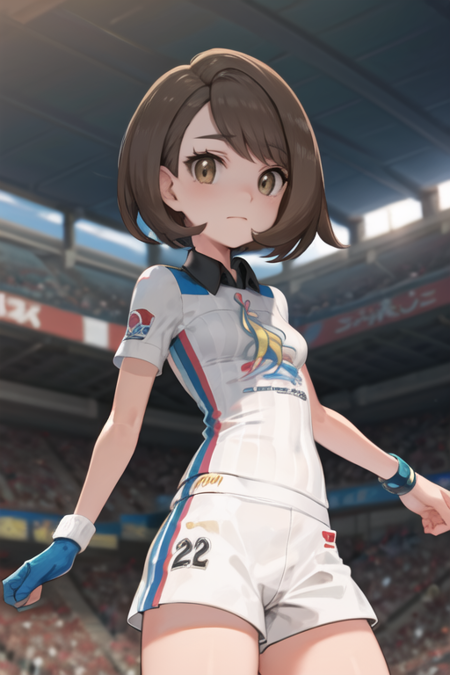 masterpiece, best quality, <lora:GloriaGym:0.8>, gloria \(pokemon\), single glove, striped shirt, white shorts, stadium, short sleeves, serious, standing, cowboy shot,