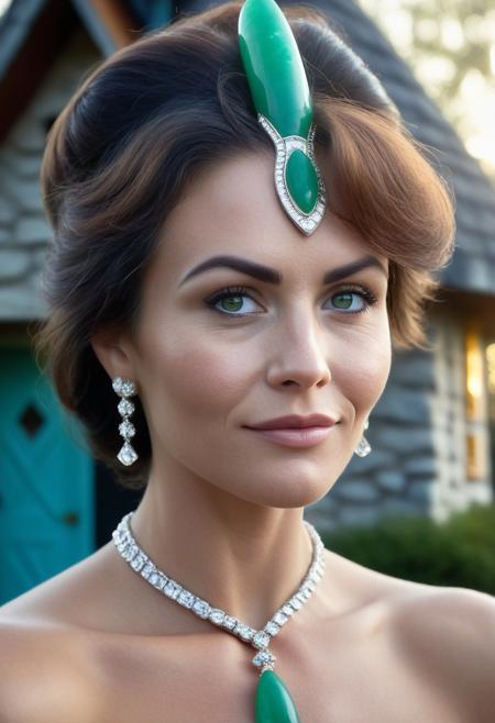 Obsidian Jade Style, 1girl, (sharp focus:1.2), round cheeks, upturned nose, (detailed eyes:1.1), (luscious lips:1.1), (large eyes:1.0) (chestnut hair:1.2) (moody lighting:1.2), depth of field, bokeh, 32K, HDR. hyper realistic, realistic eyes, (absurd res:1.1), beautiful lighting, sunlight, score_9, score_8_up, score_7_up, score_6_up, masterpiece, high quality, (best quality:1.1), milf, 1girl, gentle smile, tiara, medallion, Highly detailed beautiful expressive eyes. Glamorous Textured hair. Mischievous Smirk. Light makeup. Studio lighting. Photorealistic, Natural atmospheric lighting, intricate details, 35mm photograph, film, professional, sublime visuals, highly detailed, elegant, studio quality, (jade bearskin:2), perfect body and face, absolutely outstanding image, cute fine face, fitness model, (jade Flintstones house:3), outdoors, (Jade ax:3).