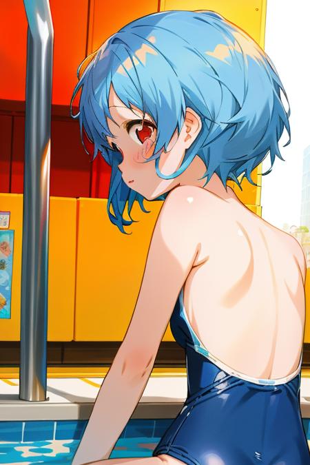 ayanami rei, blue hair, red eyes, school swimsuit, from behind, pool, henreader girl, masterpiece, best quality