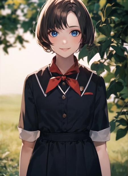 (best quality, masterpiece:1.1), 1girl, upperbody, beautiful 18 years old girl, short hair, blue eyes, beautiful detailed eyes, smile, wearing black dress school uniform ,red scout tie, (red collar neck:1.1), sunny, autumn, highly detailed, smooth, sharp focus, <lora:alisaselezneva:0.7>