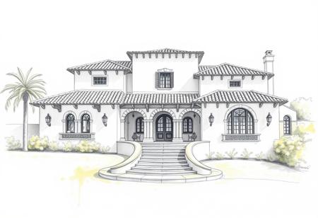 pencil drawing of a Spanish style mansion with splash of water color