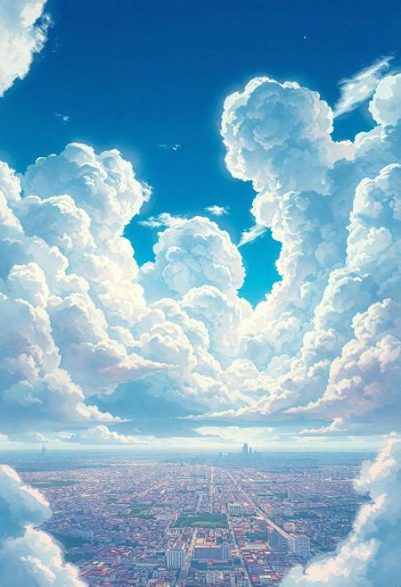 "Wide cinematic view of a peaceful city at the horizon, under a vast anime-style sky filled with massive textured cloud cover, detailed fluffy bumps and dynamic folds, scattered open patches revealing bright blue sky, soft volumetric sunlight streaming through gaps, Ghibli-inspired scenic art, pastel color palette (baby blue, light pink, soft white), ultra detailed watercolor texture, emotional and dreamy atmosphere, wide aspect ratio (21:9), visible distant skyline, hyper-realistic 4K rendering, tranquil feeling."